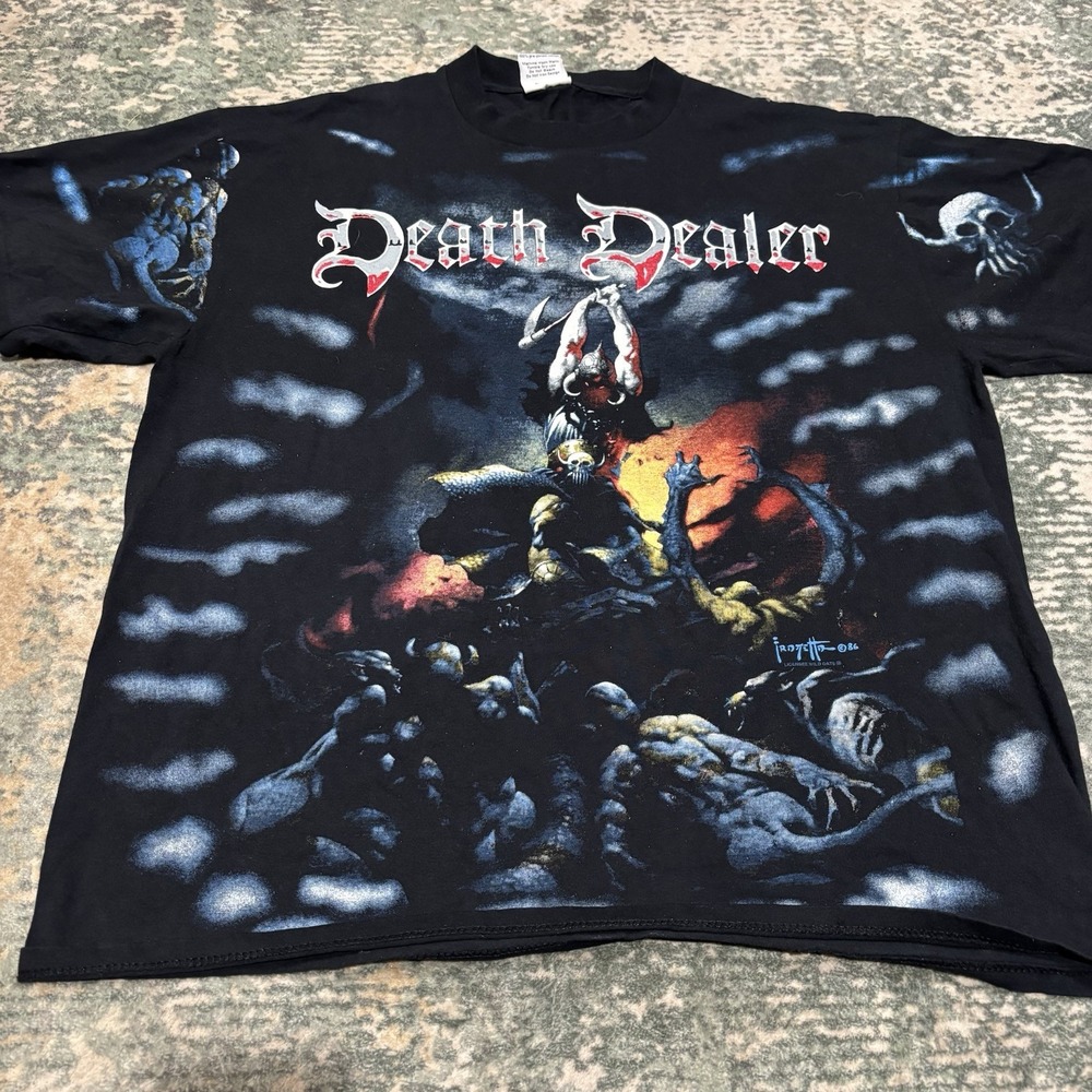 Vintage 90s Frank Frazetta Death Dealer AOP T Shirt XL Wild Oats Single Stitch